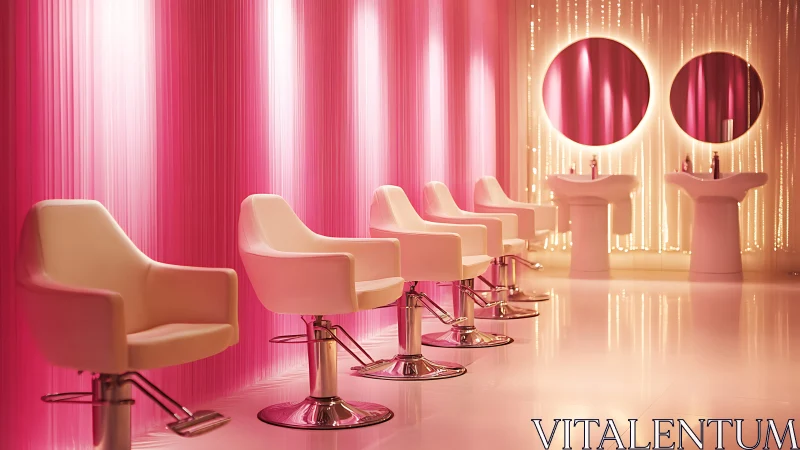 Chromatic salon workstation array under gradient pink luminance.