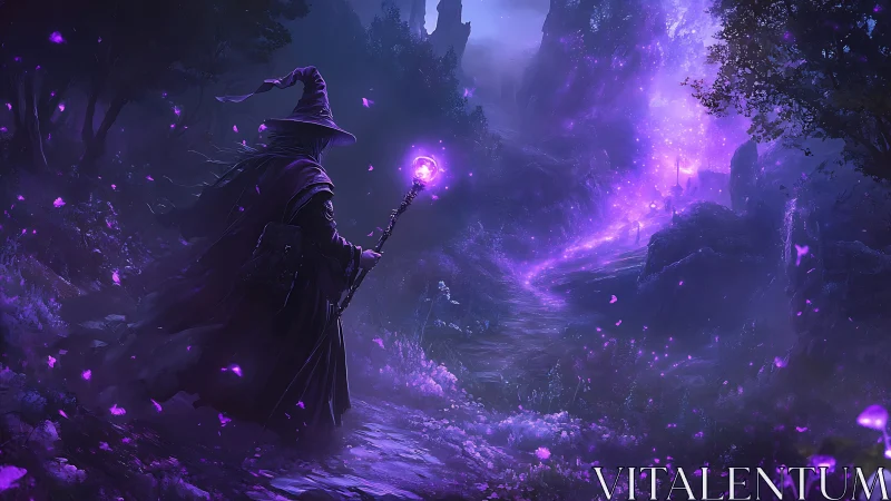 Cloaked mage walks along glowing violet magical forest path