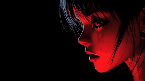 Red neon tears trace a lone anime girl&rsquo;s sorrow in darkness
