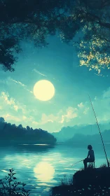 Solitary figure fishing beside reflective lake at night.