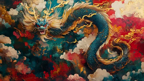 Majestic teal dragon curling through vivid painted clouds.