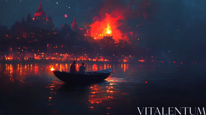 Rowboat drifts before burning riverside city at night.