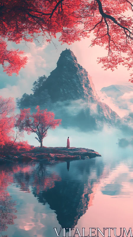 Infrared mountain vista with solitary robed figure by lake.