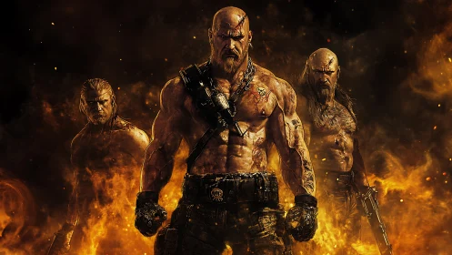 Muscular battle-hardened warriors stand in blazing firestorm.