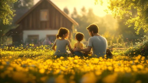 Sunlit family moment in a meadow of soft golden flowers.