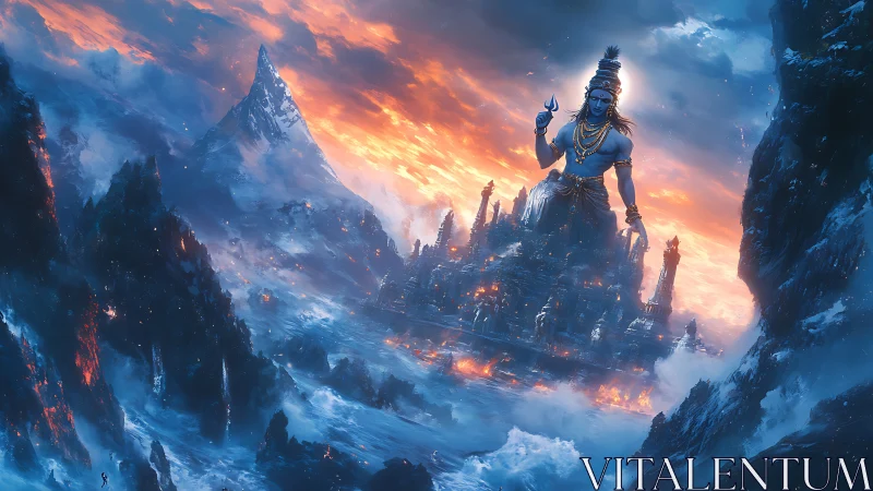 Colossal Shiva figure above icy mountains and cityscape.