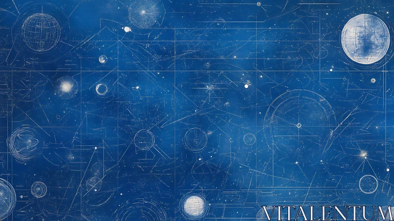 Astronomical blueprint maps planetary orbits and spherical coordinate grids