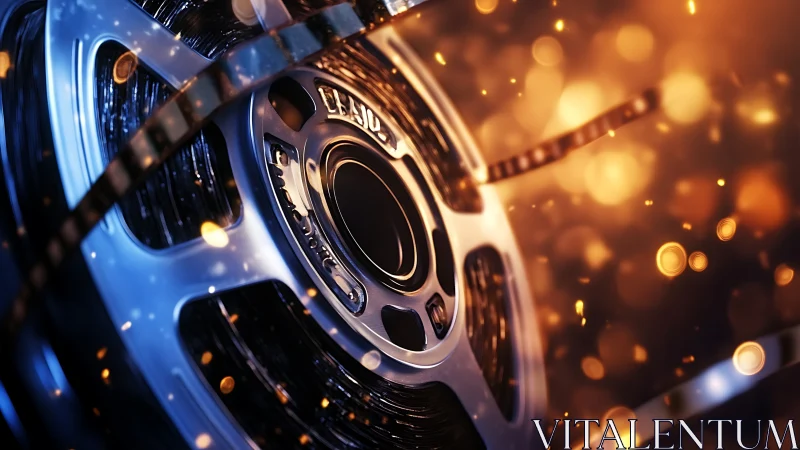 Cinematic film reel swirling through molten bokeh light storm.