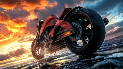 Futuristic red superbike at sunset on reflective shore.
