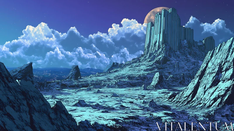 Moonlit alien mesas rise beneath stormy sapphire clouds.