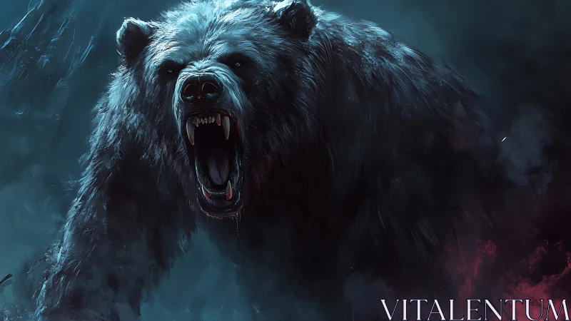 Ferocious spectral bear roars through icy storm haze.