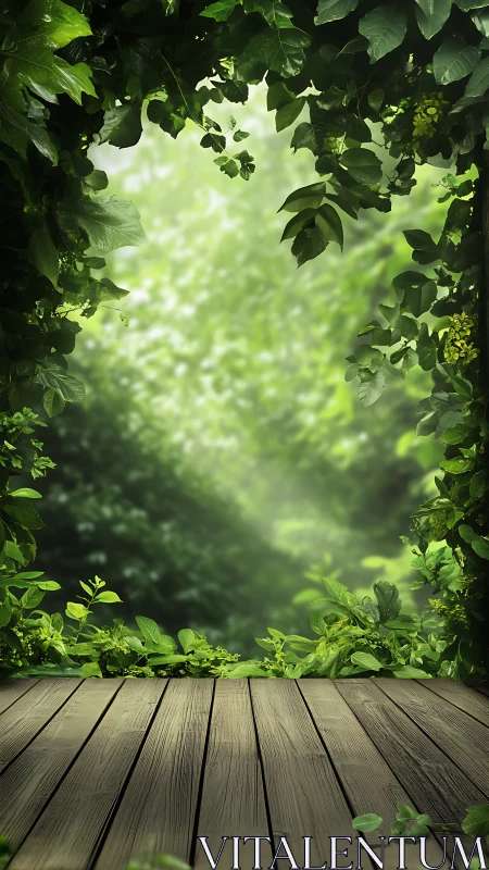 Wooden Deck Framing Lush Foliage with Soft Bokeh Background.