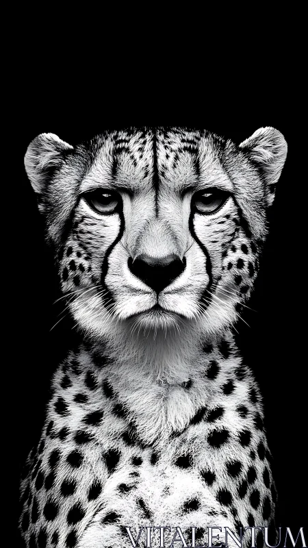 Monochrome cheetah portrait centered against black void.