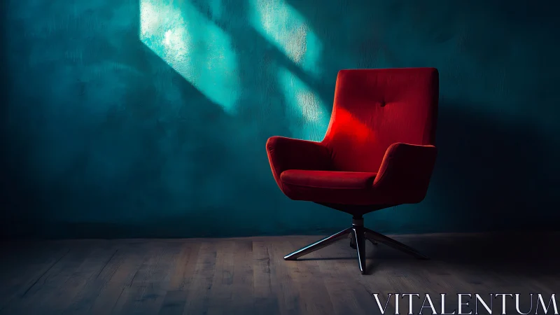 Red lounge chair in moody teal interior lighting setup.
