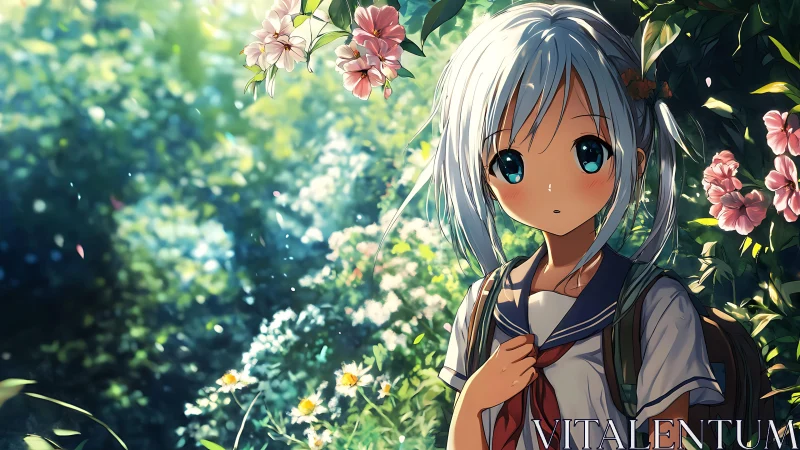 Anime schoolgirl stands in sunlit garden surrounded by flowers