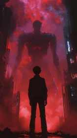 Lone dreamer faces a towering red phantom in neon fog.
