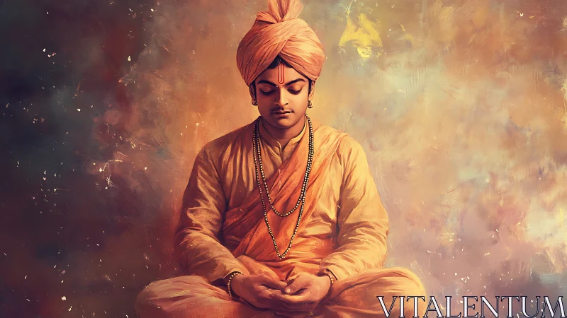 Saffron stillness and cosmic calm around a meditating sage.