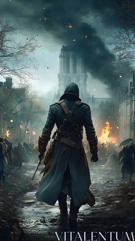 Hooded vigilante advances through burning, war-torn city street.