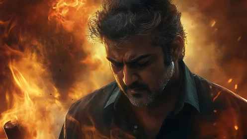 Brooding male portrait emerges from engulfing cinematic flames