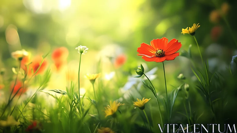Flowering garden with selective depth focus on red bloom