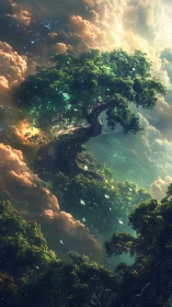 Starlit sky tree rises gently above glowing dreamlike clouds