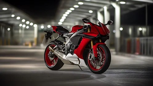 Red superbike rendered in hyperreal night-time garage lighting