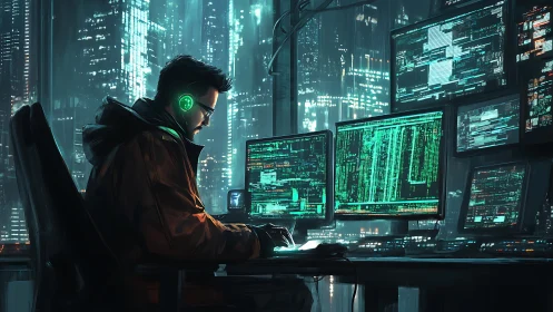 Solitary computer operator at multi-monitor urban workstation.