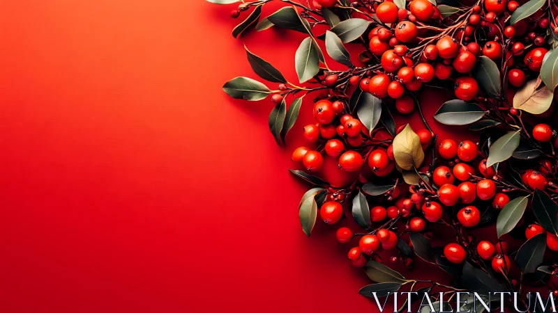 Red berries and foliage arranged on saturated crimson background