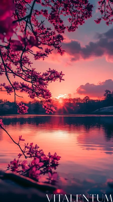 Vibrant magenta blossoms framing high-saturation lake sunset