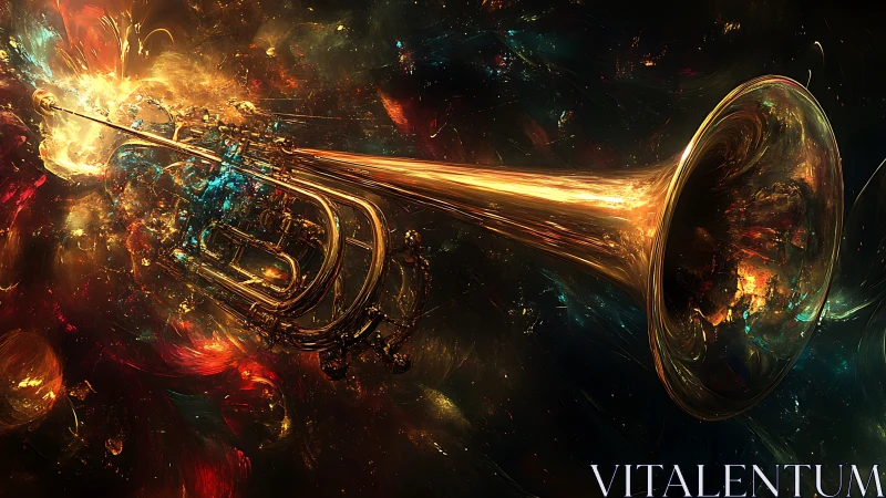 Cosmic brass trumpet exploding through vibrant nebulae.