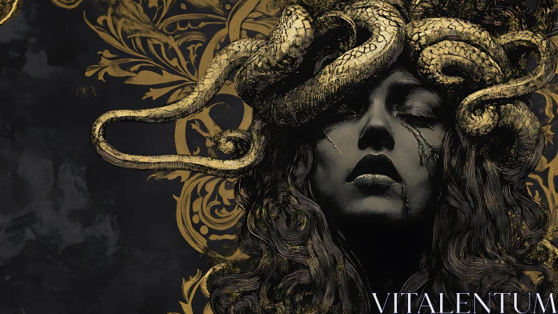 Baroque Medusa portrait with chiaroscuro serpents and etched gold