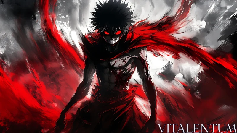 Demonic vector silhouette with turbulent red energy fields.
