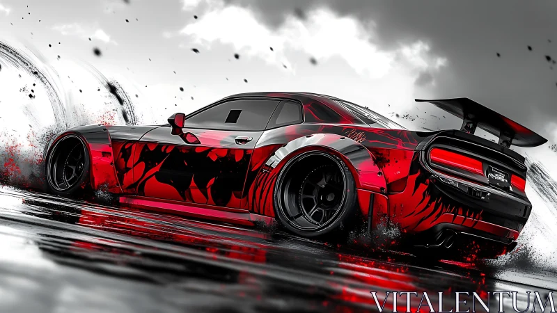 Drifting muscle car with red black livery on wet track.