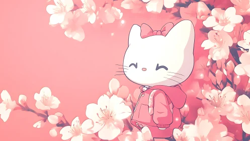 Cherry blossom kitty in pastel pink springtime glow.