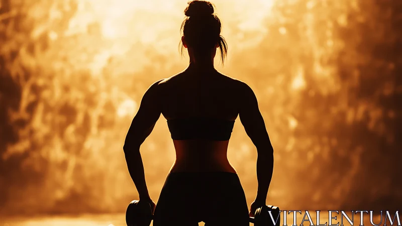 Backlit silhouette of woman holding dumbbells during workout