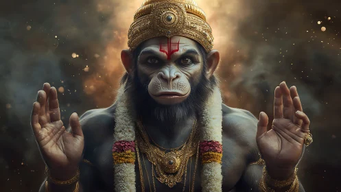 Simian deity figure in ornate gold regalia, frontal view.