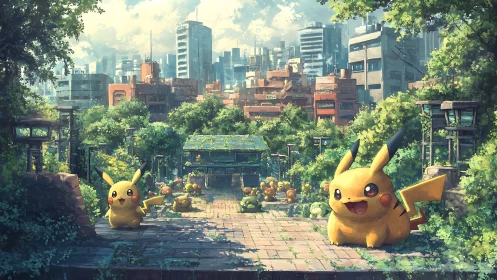 Pikachu gathering in overgrown rooftop garden cityscape.