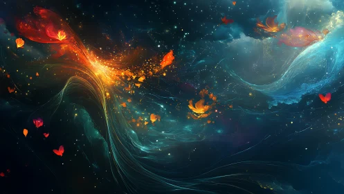 Starlit butterflies drifting through painted cosmic tides.