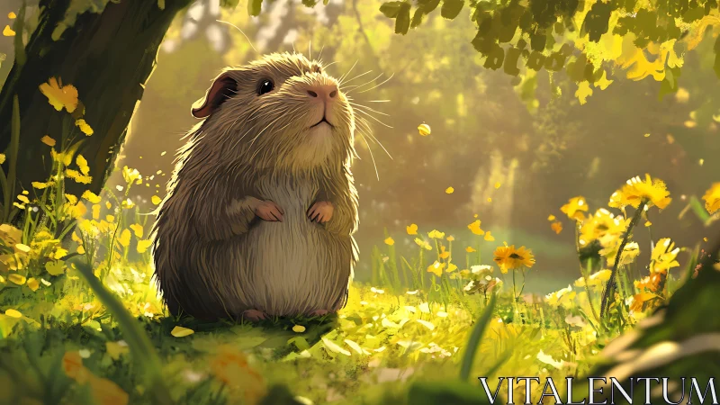 Guinea pig illuminated by volumetric forest sunlight field.