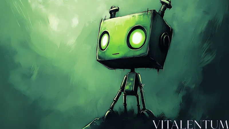 Small green robot stands alone in misty atmospheric glow