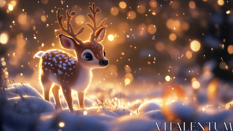 Snow-dusted baby reindeer glows in golden winter sparkles.