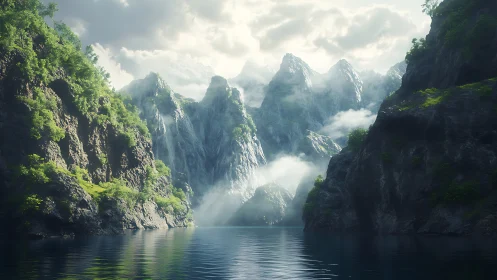 Mountain lake valley rendered with cinematic atmospheric depth