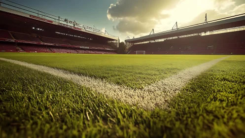 Sunlit football stadium corner marking under warm skies.