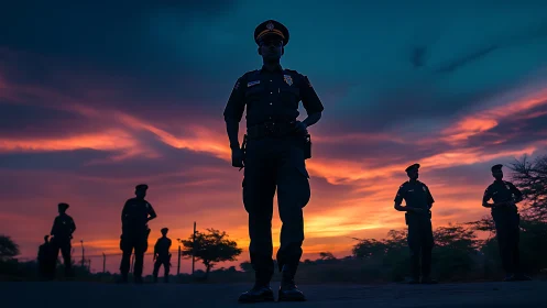Silhouetted security officers dominate a vivid dusk horizon