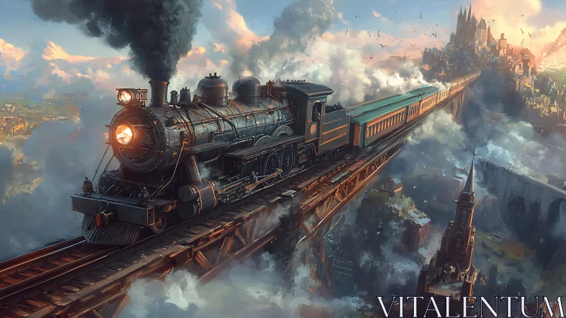 Steam train glides through glowing clouds toward a fantasy city