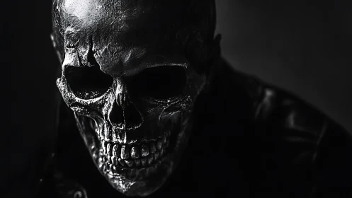 Grim metallic skull emerges from darkness in moody lighting