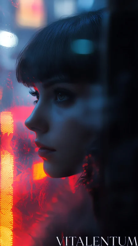Side profile of woman by neon-lit window at night.