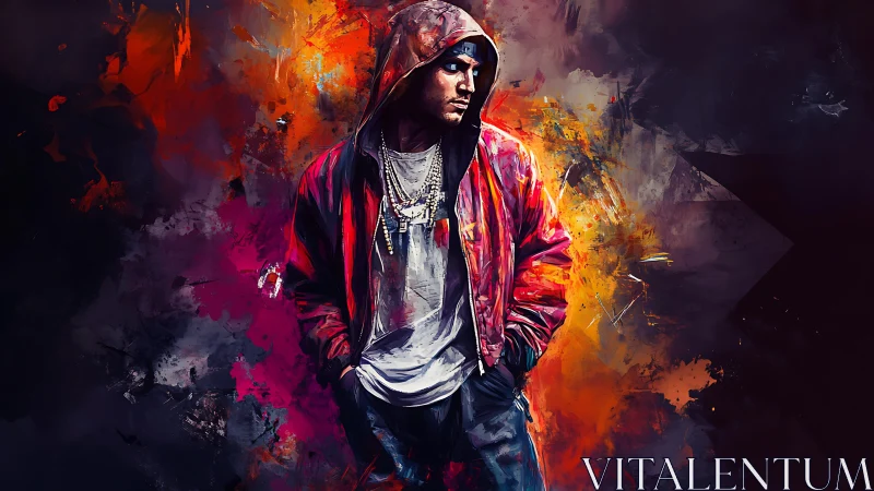 Urban figure in red hoodie framed by abstract chromatic flares