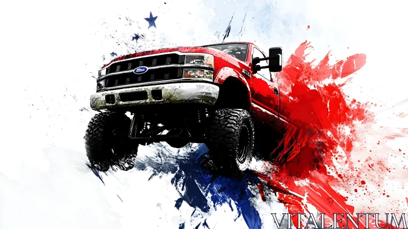 Lifted red pickup truck surges through abstract tricolor splashes