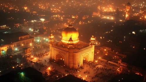 Golden domed mosque glows over dense city nightscape.